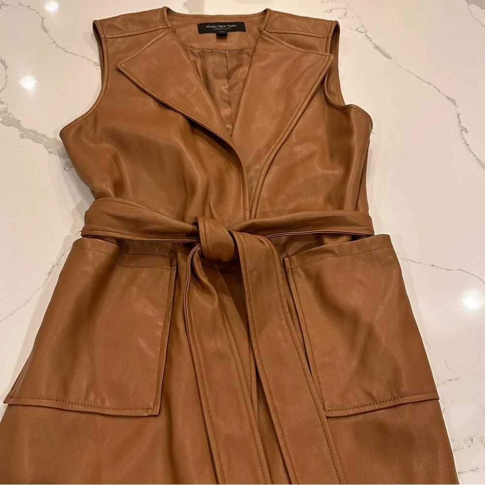Marc New York Vegan Faux Leather Sleeveless Duster Cardigan Womens Size XS Brown